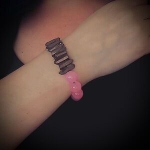 Genuine Pink Jade and Brown Quartz Bracelet